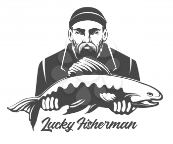 Fishing Emblem isolated on white. Fisherman holds big salmon. Vector illustration.