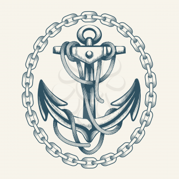 Anchor with Ropes in Circle of Chains drawn in tattoo style. Vector Illustration.