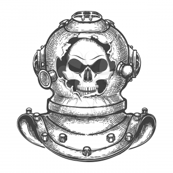 Human Skull into Broken Diving Helmet isolated on white. Vector Illustration.