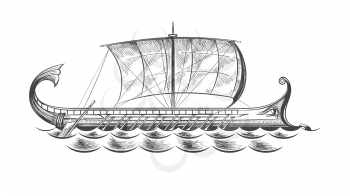 Ancient Greek Galley in Engraving style. Vector illuistration.