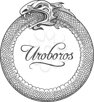 Mythological esoteric monster Ouroboros drawn in engraving style isolated on white background. Hand Drawn sketch Snake Eating ownTail. Vector Illustration.