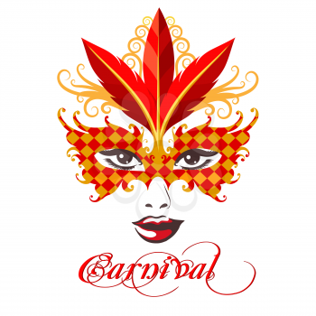 Female face in Gold and red Venetian Carnival Mask and wording Carnival. Vector illustration.