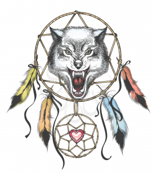 Ethnic totem of Wolf and Dreamcatcher in Tattoo style. Vector illustration