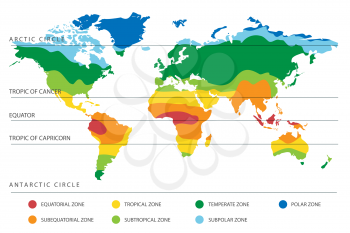 World climate zones map with equator and tropic lines. Vector illustration
