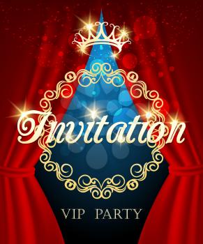VIP Party invitation card with theater curtains and lights on the background