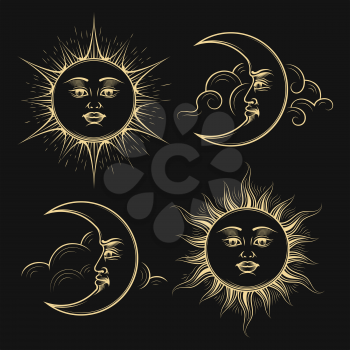 Hand Drawn Sun and Moon Medieval Esotric Astrology symbol set on black background. Vector Illustration.