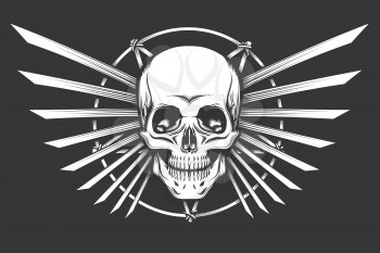 Human Skull against pentagram and blade wings. Vector Illustration.