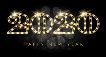 Happy New Year 2020 Light Bulb Numbers with glowing effects on Black background. Vector Illustration.