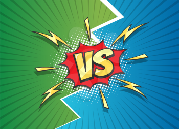 Versus Sign with Lightning background drawn in retro comic frame. Team Competition or Fighting design template. Vector illustration