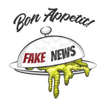 Fake News Concept Illustration with something inedible on tray and wording Bon Appetit. vector illustration.