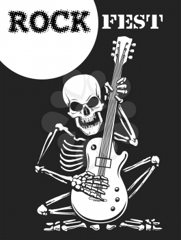 Rock festival black and white poster with skeleton plays electric guitar. Vector illustration.