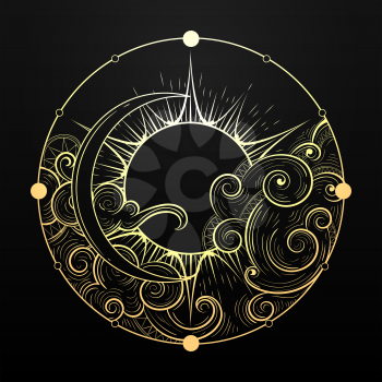 Golden Sun and Moon with Cloud Esoteric Symbol. Hand drawn element in tattoo style. Vector illustration.