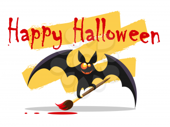 Emblem with Cute Bat holds paint brush and wording Happy Halloween. Vector illustration.