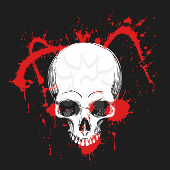 Human Skull on Blood Splashes Background. Shirt template. Vector illustration.