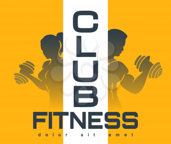Colorful Fitness Club Emblem. Silhouettes of Training People on yellow background. Vector illustration