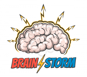 Hand Drawn Emblem of Human brain with lightnings and wording Barin Storm. Good idea, brain activity, insight. Vector illustration