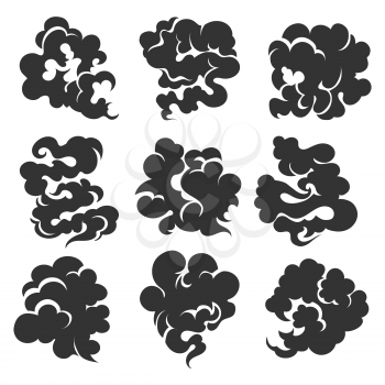 Black Smoke Set on a White Background Decorative Element Design Style Different Types. Vector illustration