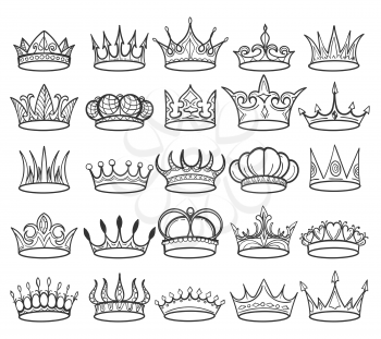 Doodle crowns. Sketch crown of queen or king icons set. Vector illustration.
