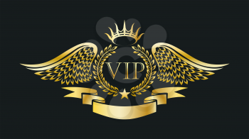 Golden VIP Emblem. Laurel wreath, eagle wings, crown and ribbon. Vector illustration.
