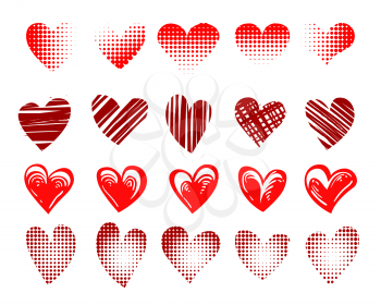 Set of Red hearts emblem Drawn in different styles isolated on white. vector illustration.