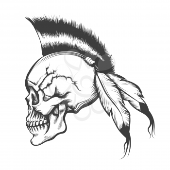 Hand drawn Human skull with Iroquois Hair style and eagle feathers. Vector illustration