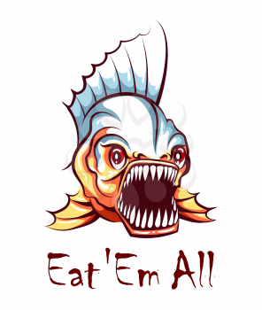 Piranha Fish Mascot Emblem with grunge lettering Eatem all isolated on white. Vector illustration.
