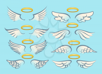 Flying angel wings with gold nimbus. Angelic wing cartoon set. Vector Illustration