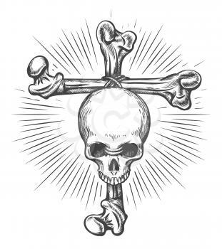 Human Skull  fastened to Cross Made of Bones. Tattoo in engraving style. Vector illustration.
