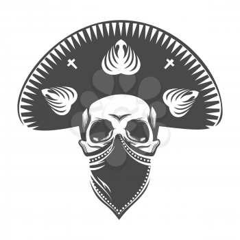 Mexican skull in sombrero. Bandit skull in hat and bandanna. 