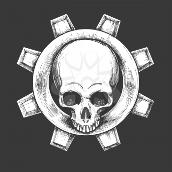 Human Skull with Mechanical Gear Emblem on black background. Vector illustration