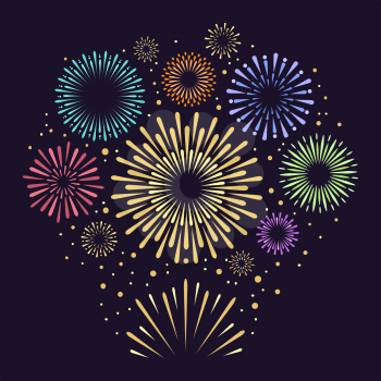 Gold festive fireworks. Holiday pyrotechnics firecracker. Vector illustration.