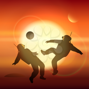 Astronauts playing soccer or football on Martian field. Conquest of Mars theme. Vector illustration.