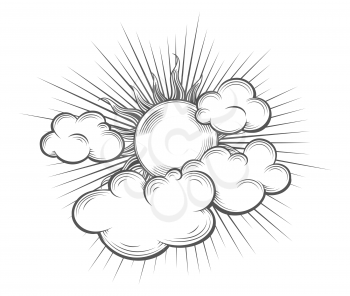 Sun with Sun Beams and Cloud drawn in medieval Engraving style. Vector illustration