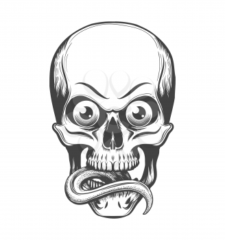 Human skull with eyes and tongue sticking out drawn in tattoo style. Vector illustration.
