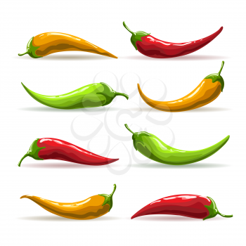 Red, yellow and green chili peppers. Hand drawn vector illustration.