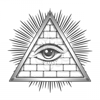 All Seeing Eye in Pyramid drawn in Tattoo style. Freeason Esoteric Symbol isolated on white. Vector illustration.