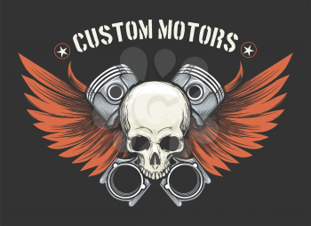 Skull with wings and crossed pistons illustration. Biker club or motorcycle workshop emblem template. Vector illustration.