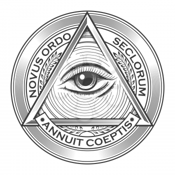 All seeing eye pyramid symbol in the engraving tattoo style. Freemason and spiritual  illuminati and religion  triangle magic. Vector illustration