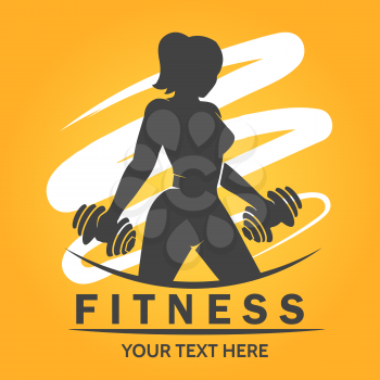Fitness Club or Center Logo with silhouettte of woman lifting weights. Vector illustration.