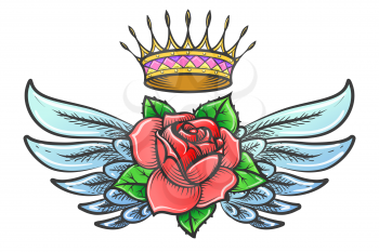 Winged Rose and Golden Crown colorful Tattoo. Vector illustration.
