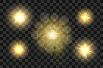 Set of Realistic Sun Burst with Glow light effect on transparent background. Vector illustration