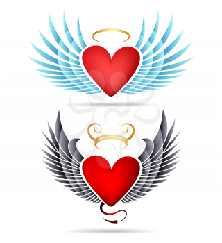 Set of Angel and Demon Hearts with wings. Vector illustration.