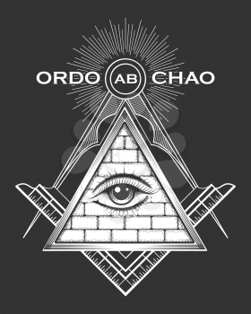 Pypamid with All seeing eye. Mystic occult esoteric symbol with Latin wording Ordo ab Chao what means Order from chaos. Vector illustration.