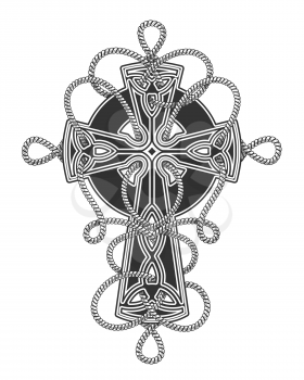 Celtic Cross entwined by ropes Tattoo in engraving style. Vector illustration.