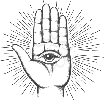 Open hand with the all-seeing eye on the palm tattoo. Occult, Astrology, Sacred Spirit, Masonic sign. Vector illustration