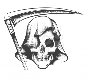 Grim Reaper Tattoo. Skull in Hood with Scythe. vector illustration.