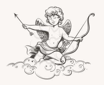 Cupid holds arrow of love and Bow sitting on a cloud. Tattoo drawn in vintage style. Vector illustration.