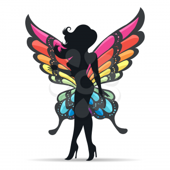 Silhouette of a girl with colorful butterfly wings. vector illustration