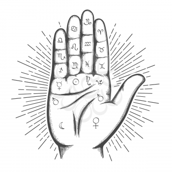 Palmistry map on open palm with astrology and hieromancy magic symbols. Vector illustration.