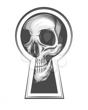 Human Skull Looks Through Keyhole. Vector illustration in tattoo style.